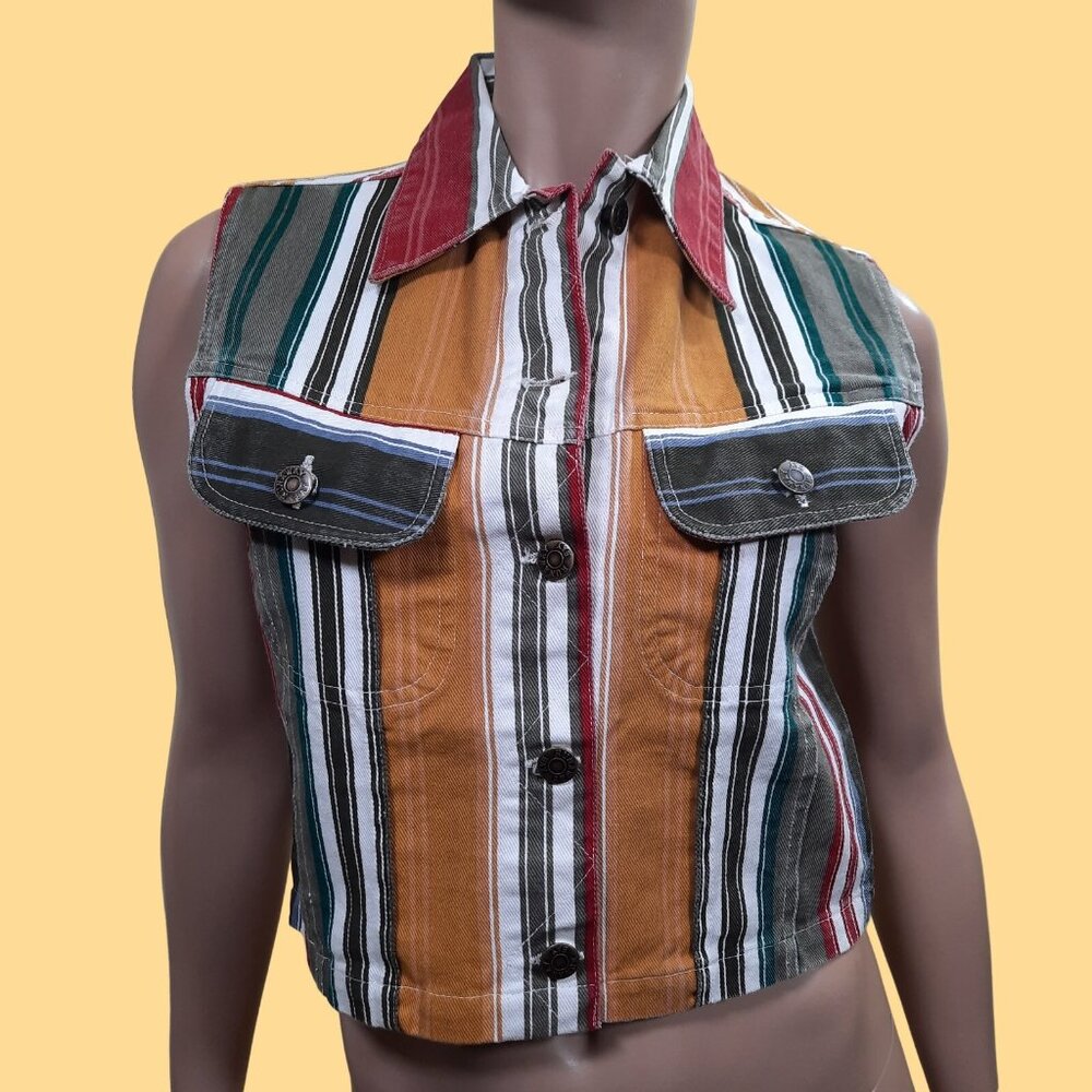 Vintage 90s Striped Vest Top Sleeveless Short Cropped Multicolor Cotton Denim